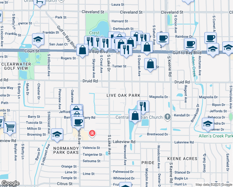 map of restaurants, bars, coffee shops, grocery stores, and more near 1622 Jacob Court in Clearwater