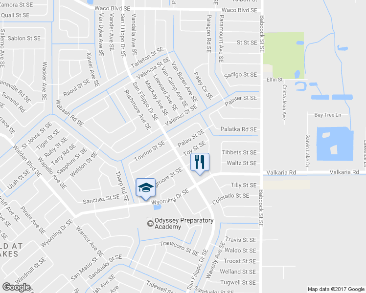 map of restaurants, bars, coffee shops, grocery stores, and more near 1428 Palau Street Southeast in Palm Bay