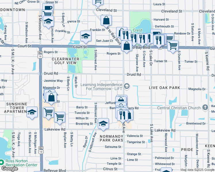 map of restaurants, bars, coffee shops, grocery stores, and more near 909 Pineview Avenue in Clearwater