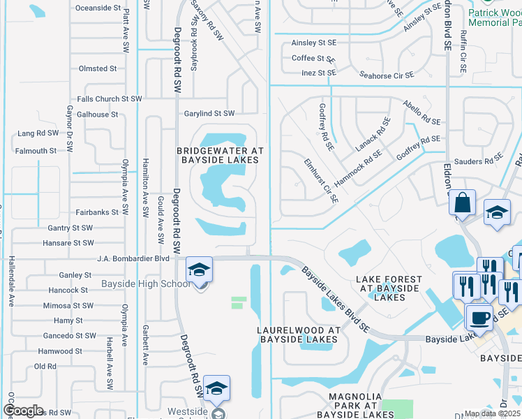 map of restaurants, bars, coffee shops, grocery stores, and more near 1685 Sawgrass Drive in Palm Bay