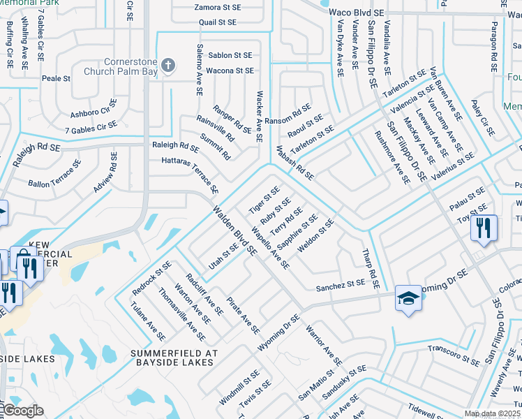 map of restaurants, bars, coffee shops, grocery stores, and more near 1130 Tiger Street Southeast in Palm Bay
