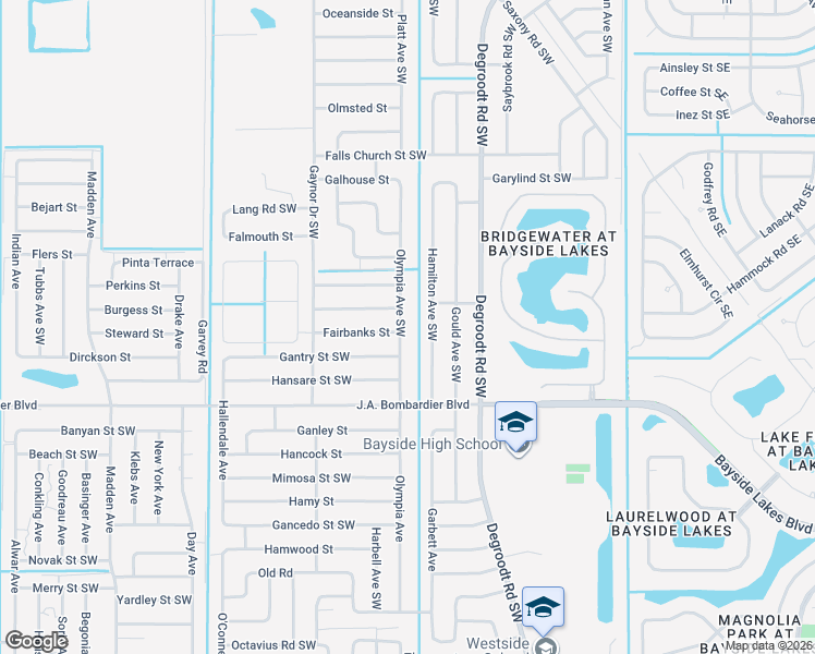 map of restaurants, bars, coffee shops, grocery stores, and more near 1699 Olympia Avenue Southwest in Palm Bay