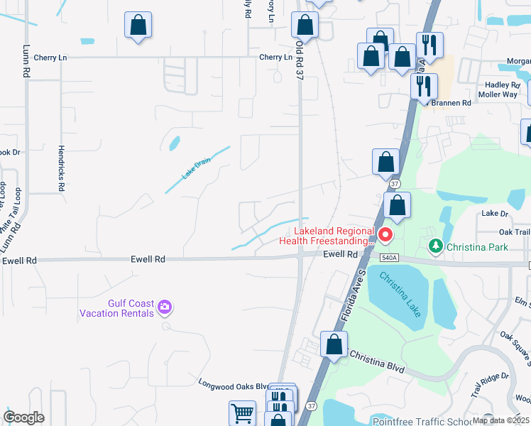 map of restaurants, bars, coffee shops, grocery stores, and more near 1051 Stoney Creek Drive in Lakeland
