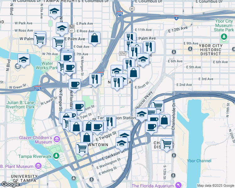 map of restaurants, bars, coffee shops, grocery stores, and more near 1102 Ray Charles Boulevard in Tampa