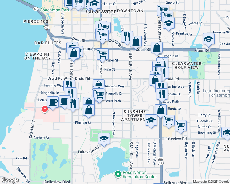 map of restaurants, bars, coffee shops, grocery stores, and more near 904 Magnolia Drive in Clearwater