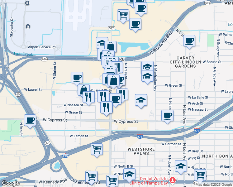 map of restaurants, bars, coffee shops, grocery stores, and more near 1411 North Westshore Boulevard in Tampa
