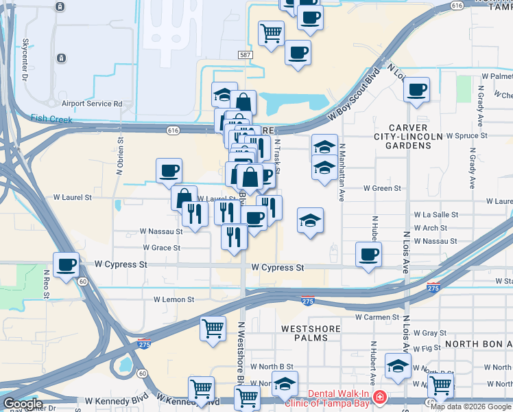 map of restaurants, bars, coffee shops, grocery stores, and more near 1411 North Westshore Boulevard in Tampa