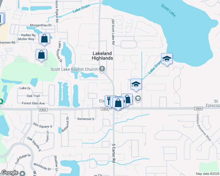 map of restaurants, bars, coffee shops, grocery stores, and more near 924 Southpoint Lane in Lakeland