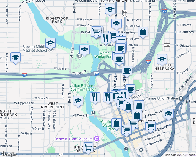 map of restaurants, bars, coffee shops, grocery stores, and more near 1501 Doyle Carlton Drive in Tampa