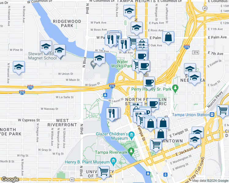 map of restaurants, bars, coffee shops, grocery stores, and more near 1501 Doyle Carlton Drive in Tampa
