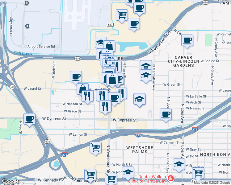 map of restaurants, bars, coffee shops, grocery stores, and more near in Tampa