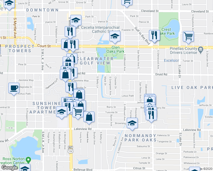map of restaurants, bars, coffee shops, grocery stores, and more near 915 Mark Drive in Clearwater
