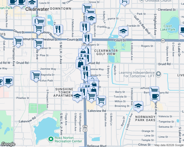 map of restaurants, bars, coffee shops, grocery stores, and more near 1220 Magnolia Drive in Clearwater