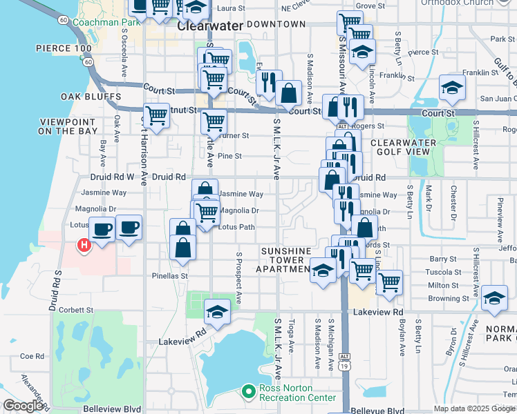 map of restaurants, bars, coffee shops, grocery stores, and more near 1006 Magnolia Drive in Clearwater