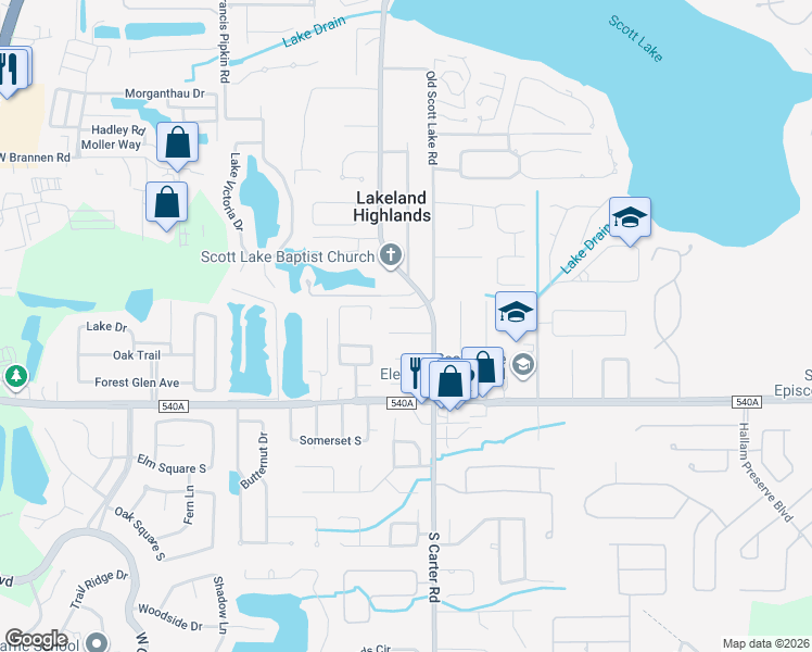 map of restaurants, bars, coffee shops, grocery stores, and more near 924 Southpoint Lane in Lakeland