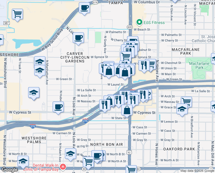 map of restaurants, bars, coffee shops, grocery stores, and more near 3916 West Laurel Street in Tampa