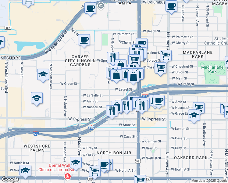 map of restaurants, bars, coffee shops, grocery stores, and more near 3918 West Laurel Street in Tampa