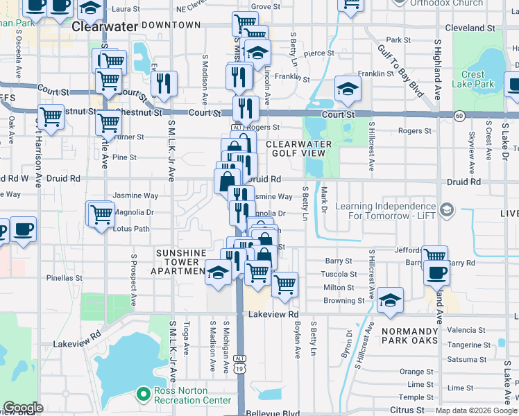 map of restaurants, bars, coffee shops, grocery stores, and more near 1220 Magnolia Drive in Clearwater