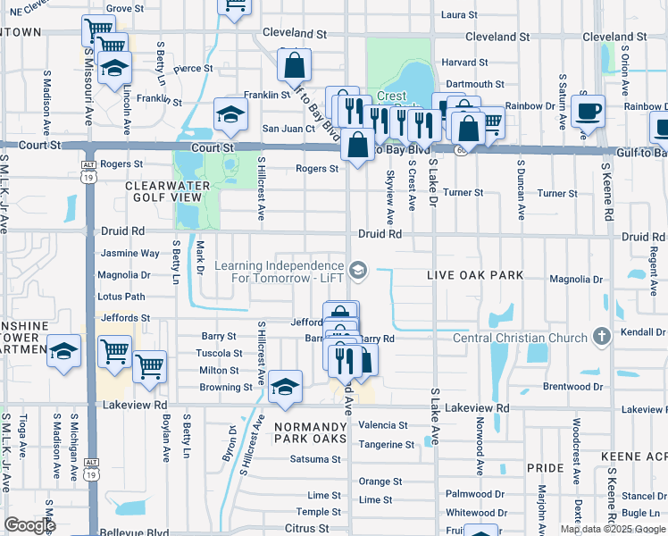 map of restaurants, bars, coffee shops, grocery stores, and more near 909 Oakview Avenue in Clearwater