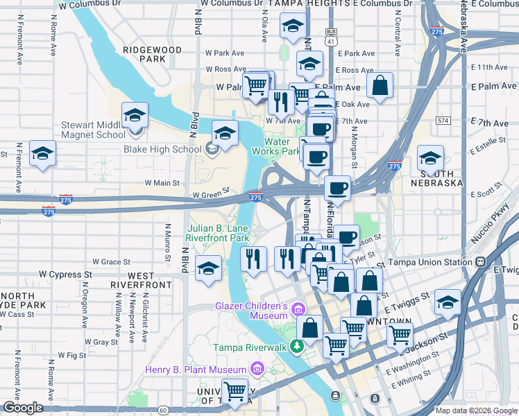 map of restaurants, bars, coffee shops, grocery stores, and more near 1501 Doyle Carlton Drive in Tampa