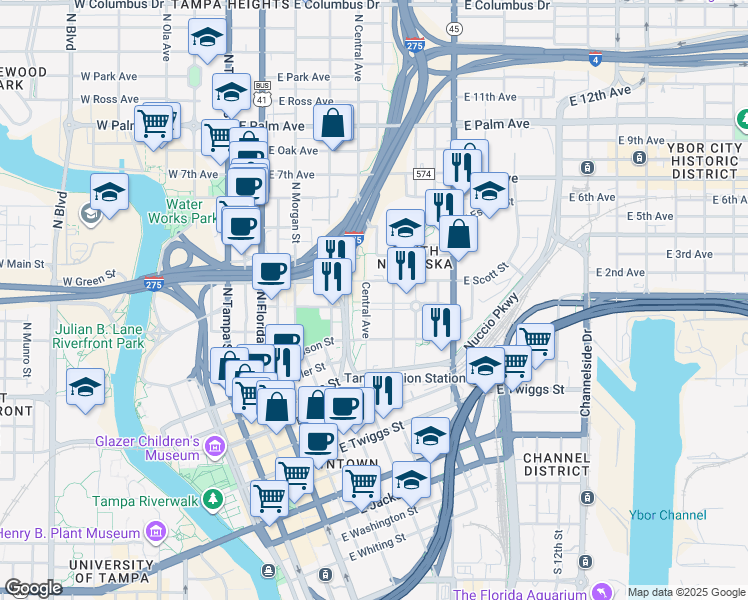 map of restaurants, bars, coffee shops, grocery stores, and more near 1102 Ray Charles Boulevard in Tampa