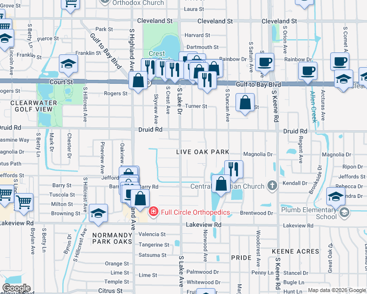 map of restaurants, bars, coffee shops, grocery stores, and more near 1581 Magnolia Drive in Clearwater