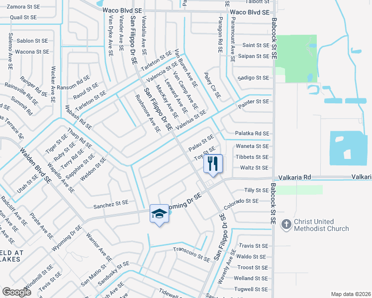 map of restaurants, bars, coffee shops, grocery stores, and more near 1428 Palau Street Southeast in Palm Bay