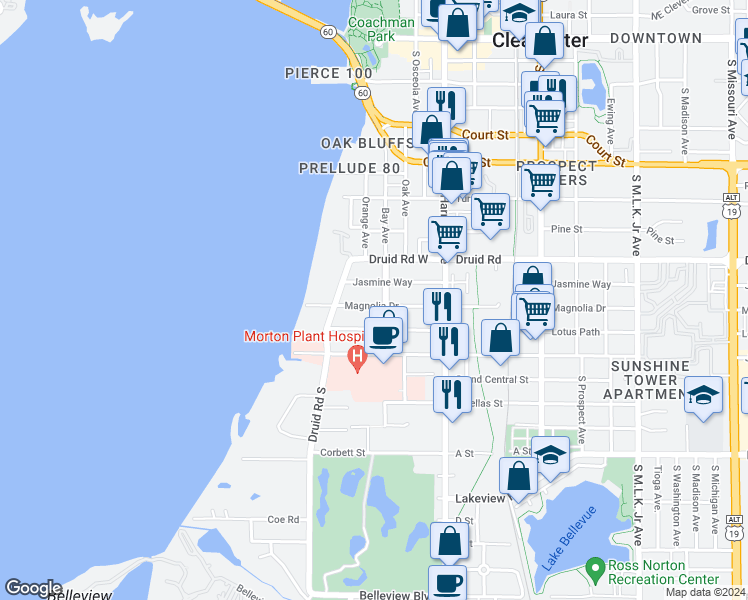 map of restaurants, bars, coffee shops, grocery stores, and more near 322 Magnolia Drive in Clearwater