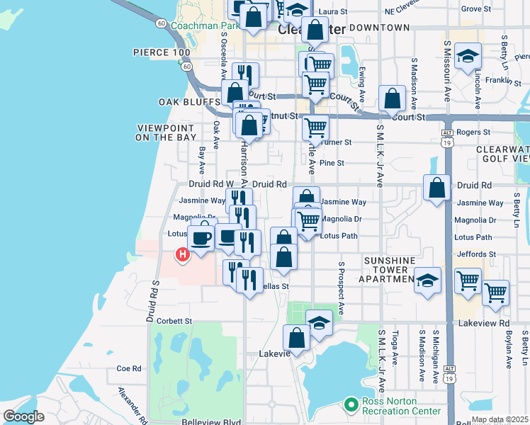 map of restaurants, bars, coffee shops, grocery stores, and more near 1027 S Fort Harrison Ave in Clearwater