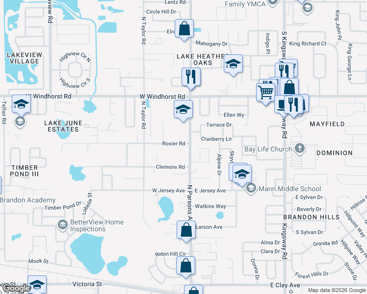 map of restaurants, bars, coffee shops, grocery stores, and more near 107 Rosier Road in Brandon