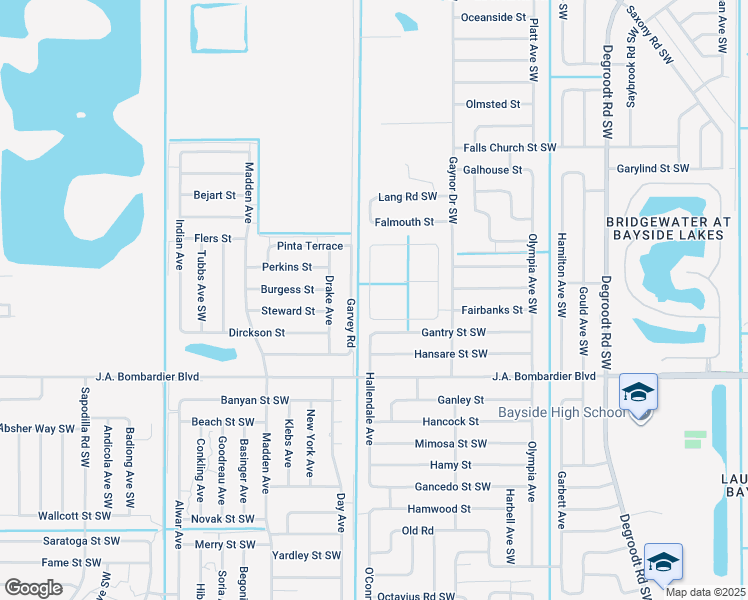 map of restaurants, bars, coffee shops, grocery stores, and more near 580 Corbin Circle Southwest in Palm Bay