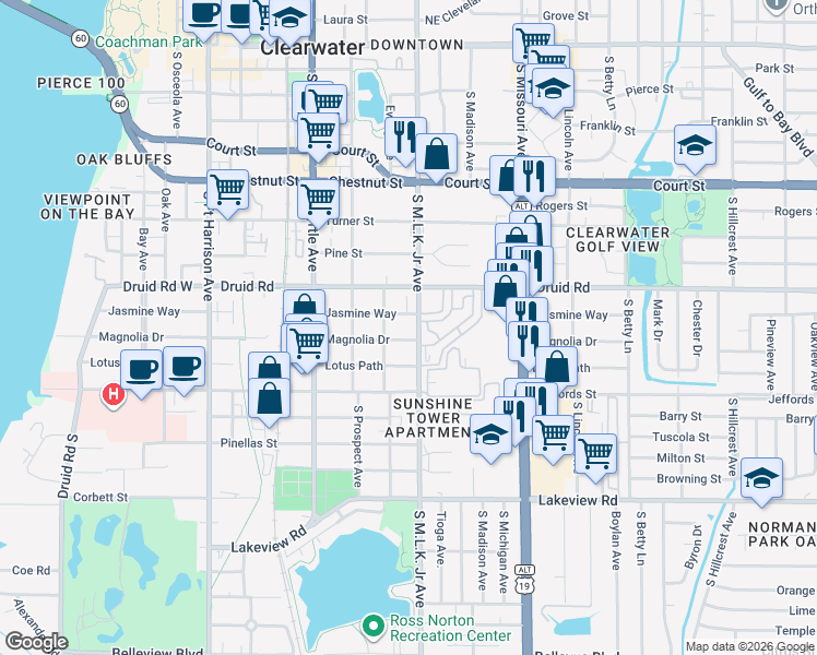 map of restaurants, bars, coffee shops, grocery stores, and more near 1006 Magnolia Drive in Clearwater