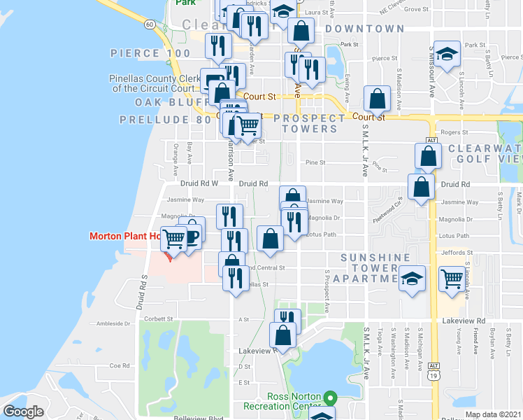map of restaurants, bars, coffee shops, grocery stores, and more near 1027 South Fort Harrison Avenue in Clearwater