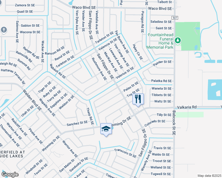 map of restaurants, bars, coffee shops, grocery stores, and more near 1379 Towton Street Southeast in Palm Bay