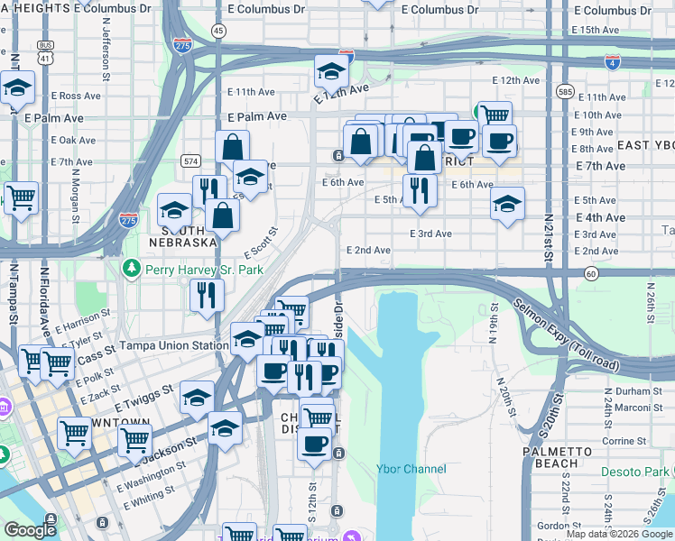 map of restaurants, bars, coffee shops, grocery stores, and more near 1401 Channelside Drive in Tampa