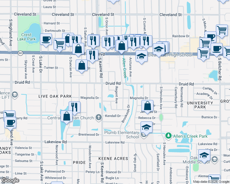 map of restaurants, bars, coffee shops, grocery stores, and more near 820 Regent Avenue in Clearwater