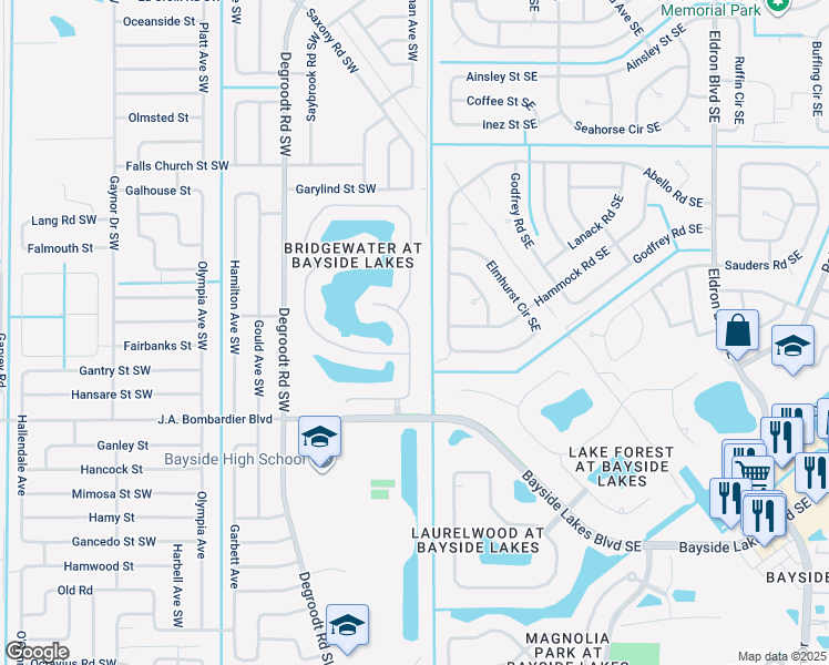 map of restaurants, bars, coffee shops, grocery stores, and more near 1677 Sawgrass Drive in Palm Bay
