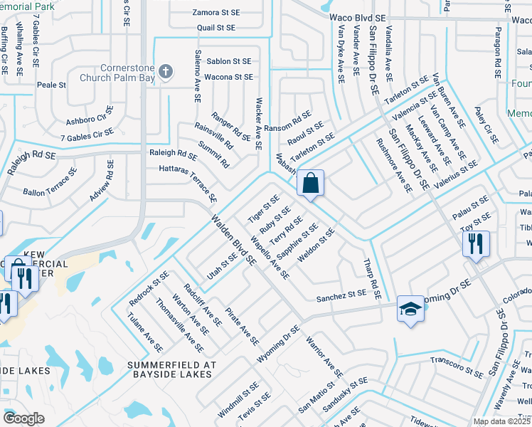 map of restaurants, bars, coffee shops, grocery stores, and more near 1130 Tiger Street Southeast in Palm Bay