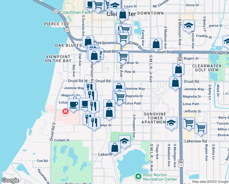 map of restaurants, bars, coffee shops, grocery stores, and more near 700 Magnolia Drive in Clearwater