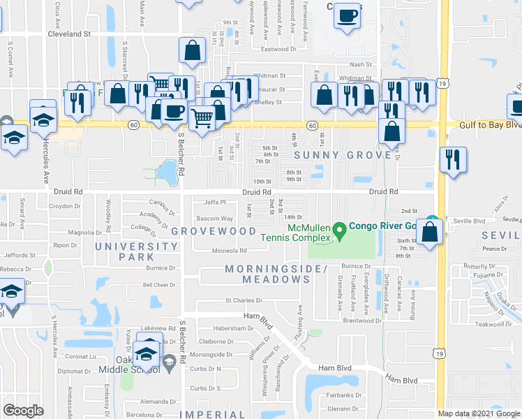 map of restaurants, bars, coffee shops, grocery stores, and more near 2298 Grovewood Road in Clearwater
