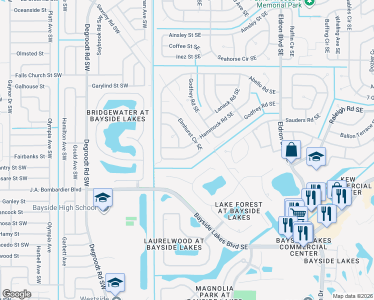 map of restaurants, bars, coffee shops, grocery stores, and more near 1688 Elmhurst Circle Southeast in Palm Bay