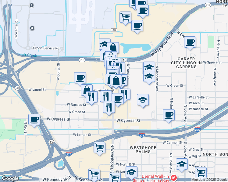 map of restaurants, bars, coffee shops, grocery stores, and more near in Tampa