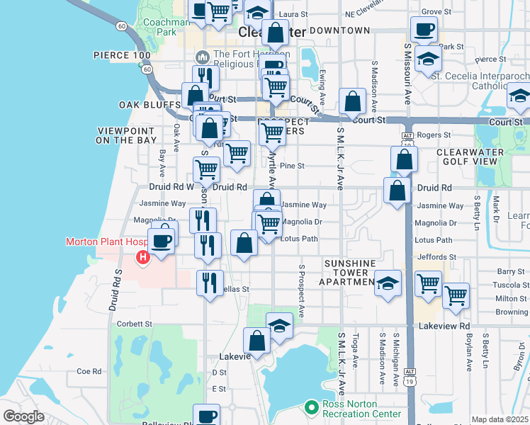 map of restaurants, bars, coffee shops, grocery stores, and more near 700 Magnolia Drive in Clearwater
