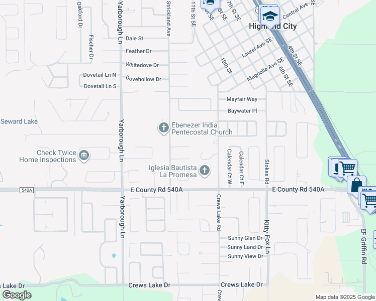 map of restaurants, bars, coffee shops, grocery stores, and more near 3953 Strickland Court in Lakeland