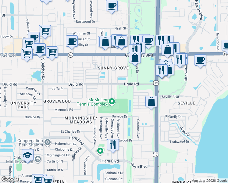 map of restaurants, bars, coffee shops, grocery stores, and more near 2465 Druid Rd E in Clearwater