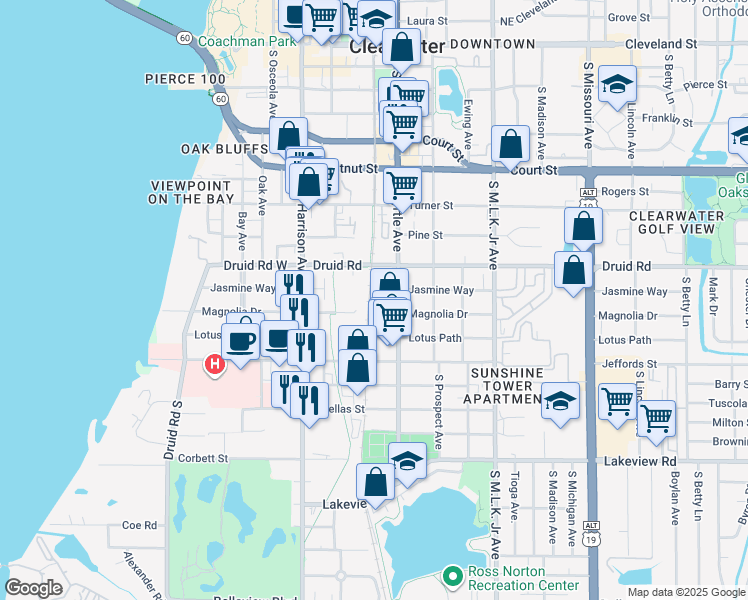 map of restaurants, bars, coffee shops, grocery stores, and more near 700 Magnolia Drive in Clearwater