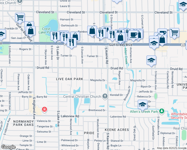 map of restaurants, bars, coffee shops, grocery stores, and more near 819 Woodside Avenue in Clearwater