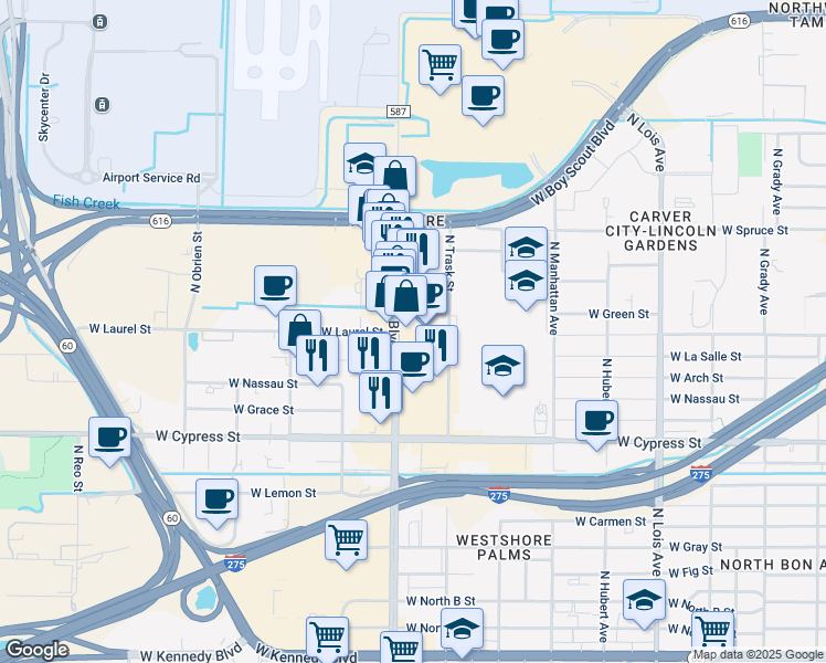 map of restaurants, bars, coffee shops, grocery stores, and more near in Tampa