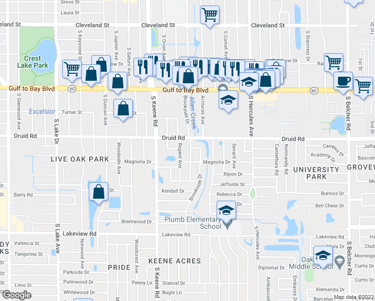 map of restaurants, bars, coffee shops, grocery stores, and more near 821 Willowbranch Avenue in Clearwater
