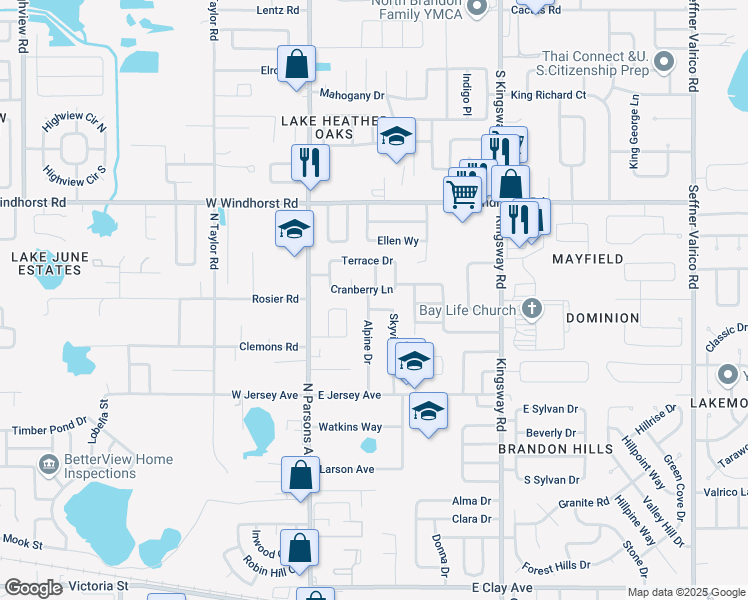 map of restaurants, bars, coffee shops, grocery stores, and more near 1003 Alpine Drive in Brandon
